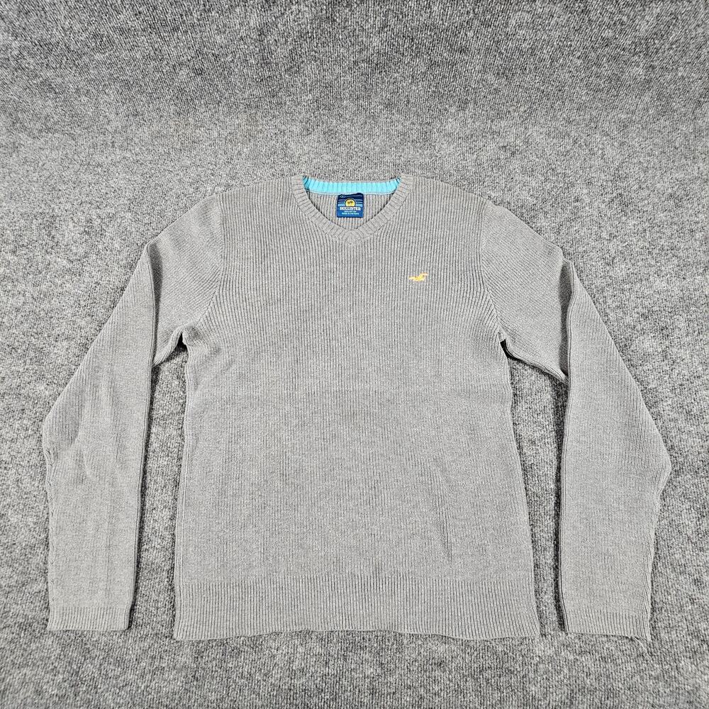 Hollister Sweater 100% Cotton Mens Size Large Gray Knit Small Fray